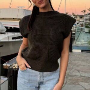 Aritizia Babaton Hazlitt Sweater Vest Dark Brown Ribbed Mockneck Shoulder Pads